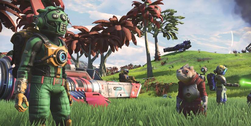 An astronaut stands in front of his spaceship, with aliens in the background and another scanning an object, from No Man's Sky