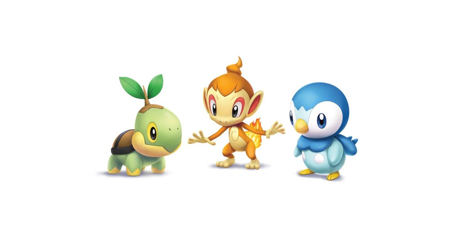 Sinnoh starter Pokemon Turtwig, Chimchar, and Piplup stand in a line.