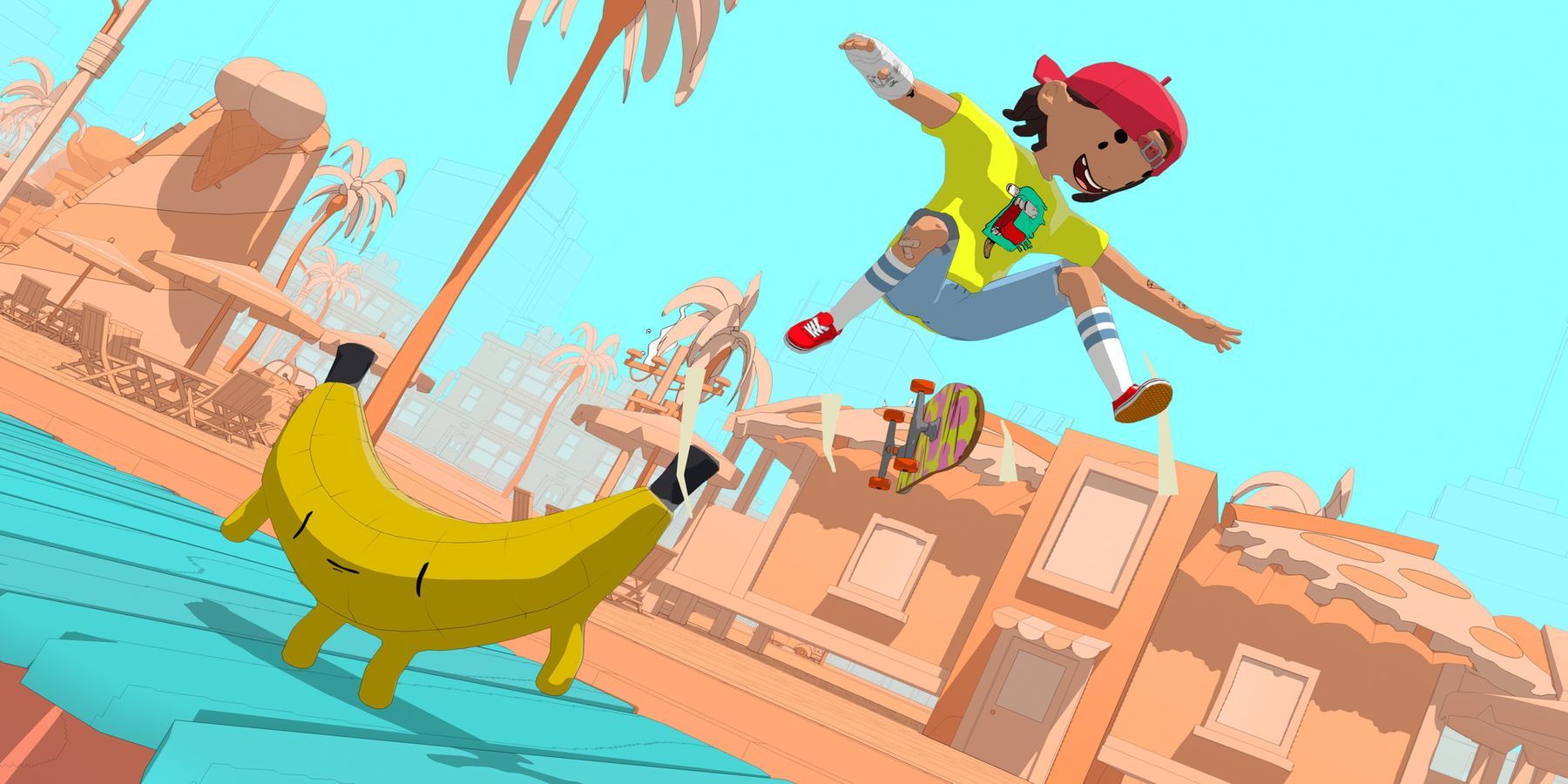 OlliOlli World skater tricking over a banana