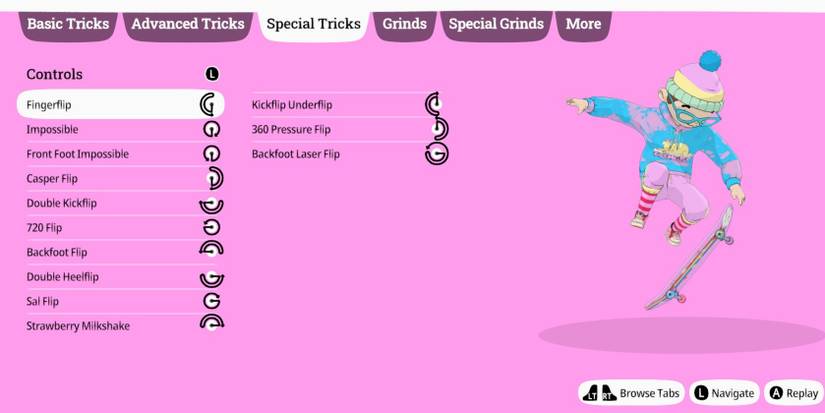 Special Tricks tab on the Tricktionary in OlliOlli World