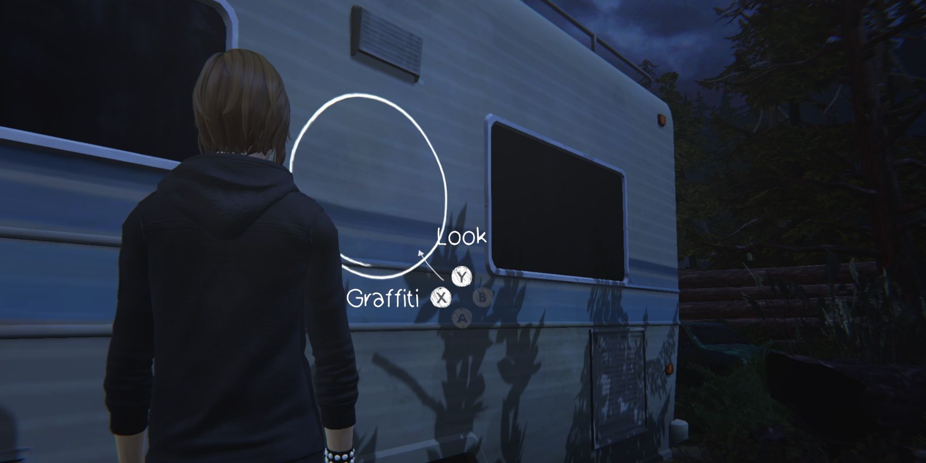 Chloe looking at Frank's RV in Life is Strange Before the Storm Remastered