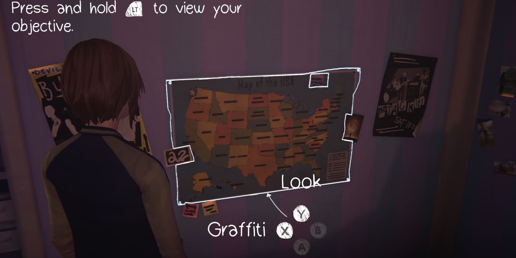 Chloe looking at map of USA in Rachel's room during Episode 3 of Life is Strange: Before the Storm Remastered