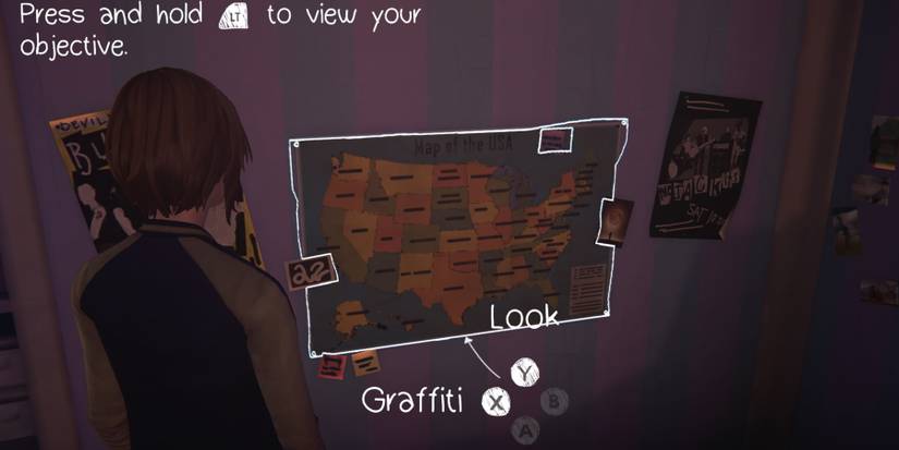 Chloe looking at map of USA in Rachel's room during Episode 3 of Life is Strange: Before the Storm Remastered