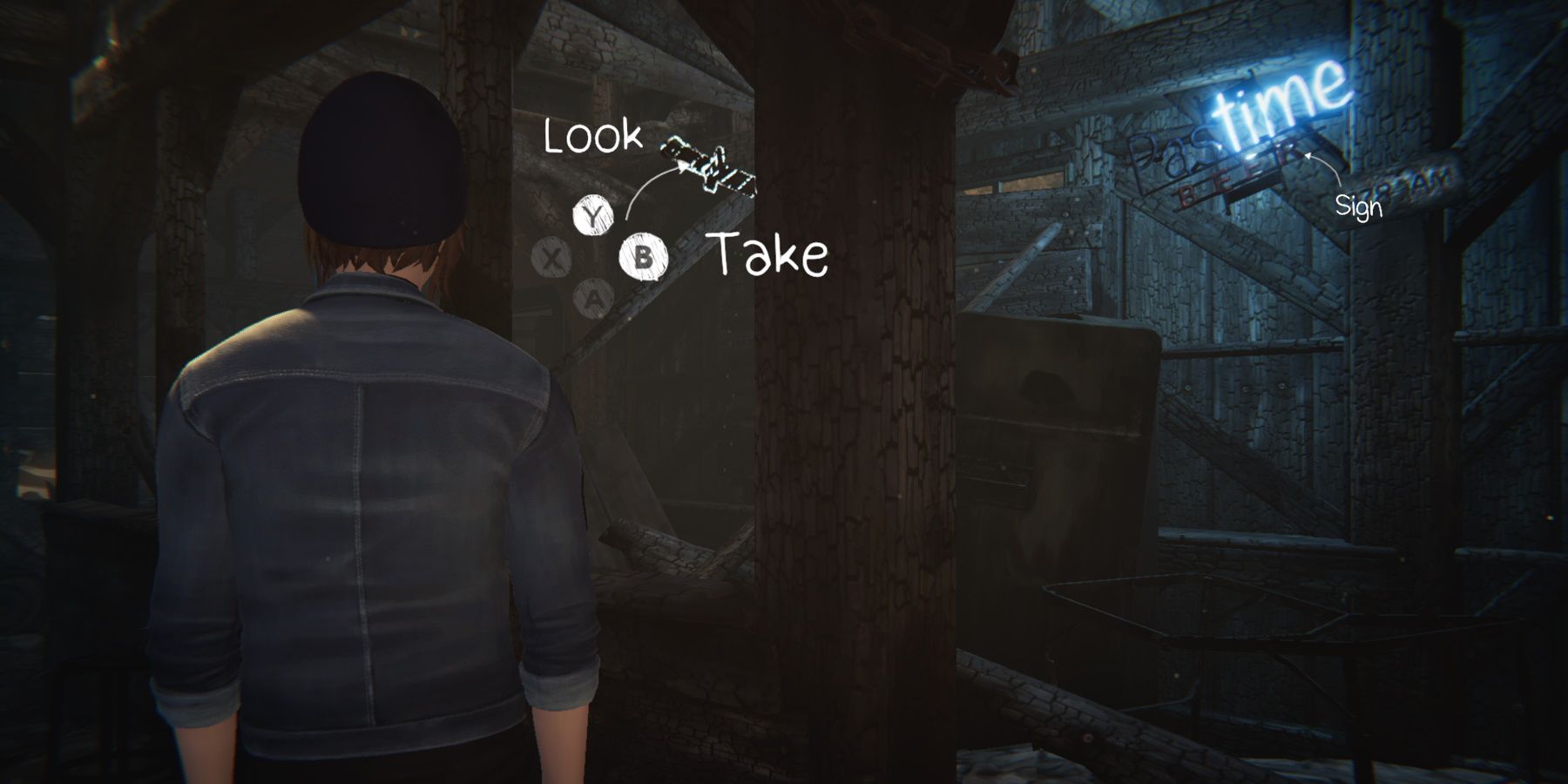 Chlow looking at a knife wedged in a wooden beam at the old mill during Episode 3 of Life is Strange: Before the Storm