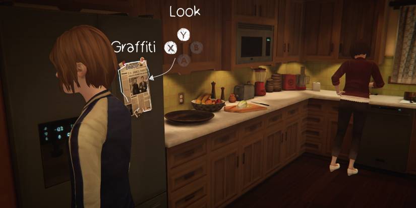 Chloe looking at a newspaper clipping on the fridge in Rachel's house during episode 2 of Life is Strange Before the Storm Remastered