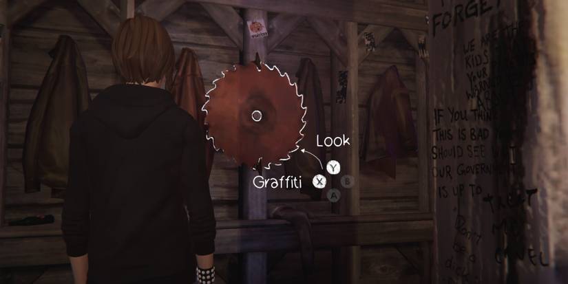 Chloe looking at a saw hanging up in the old mill during Episode 1 of Life is Strange Before the Storm
