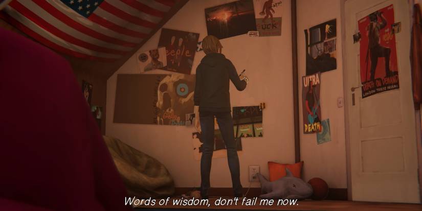 Chloe drawing graffiti on her bedroom wall during episode 1 of Life is Strange: Before the Storm