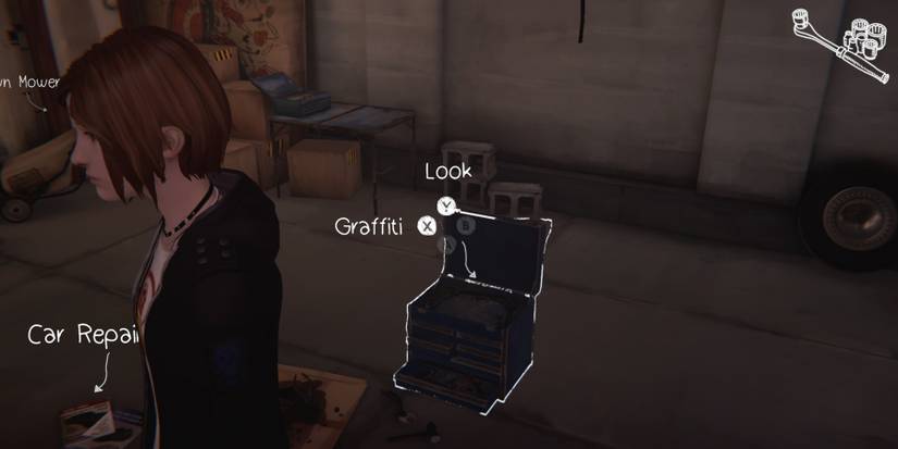 Chloe focused on david's toolbox in the garage during episode 1 of Life is Strange: Before the Storm Remastered