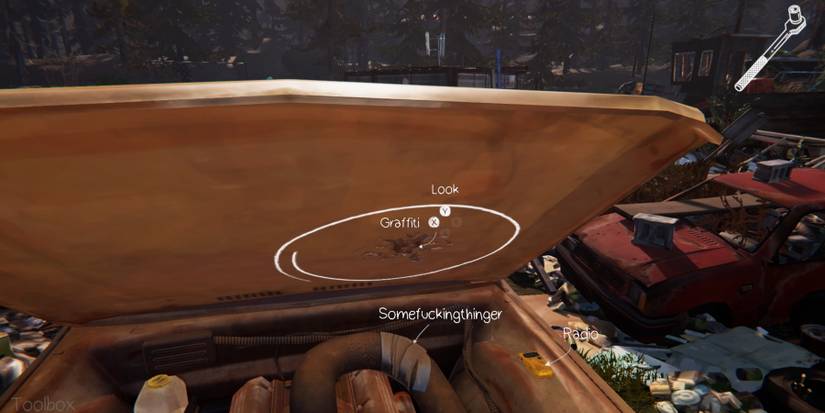 Inside the hood of Chloe's car at the Junkyard during Episode 3 of Life is Strange: Before the Storm Remastered