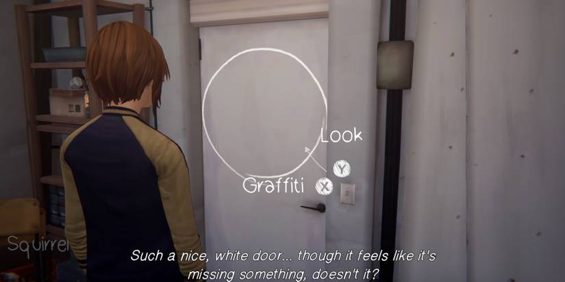 Chloe looking at a door to draw on in Samuel's workshop during episode 2 of Life is Strange Before the Storm Remastered