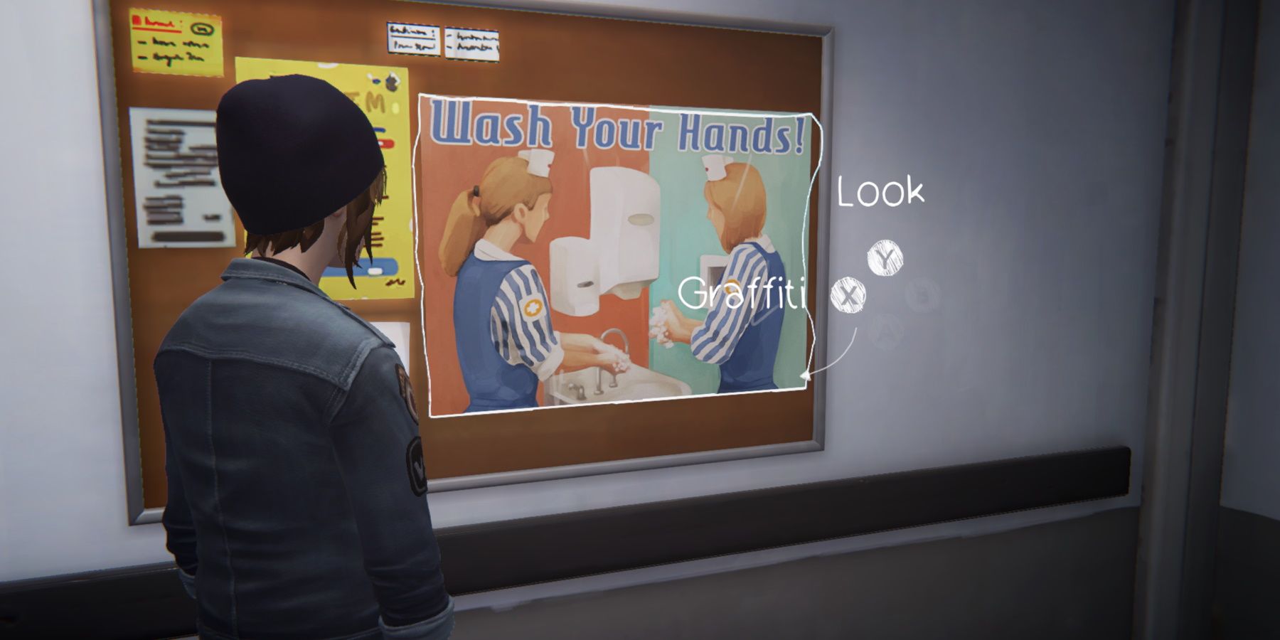 Chloe looking at a poster of two nurses during episode 3 of Life is Strange: Before the Storm Remastered
