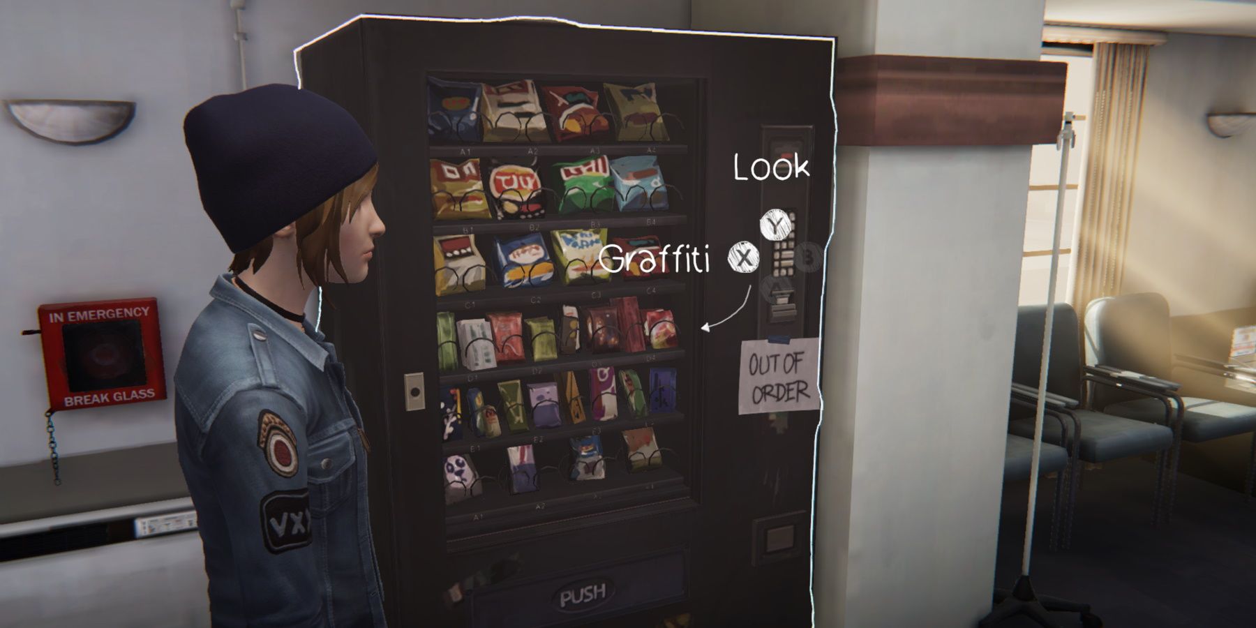 Chloe by a vending machine at the hospital during episode 3 of Life is Strange: Before the Storm