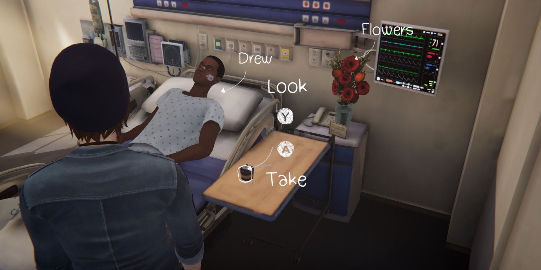 Chloe looking at Drew lying in a hospital bed during Episode 3 of Life is Strange: Before the Storm Remastered