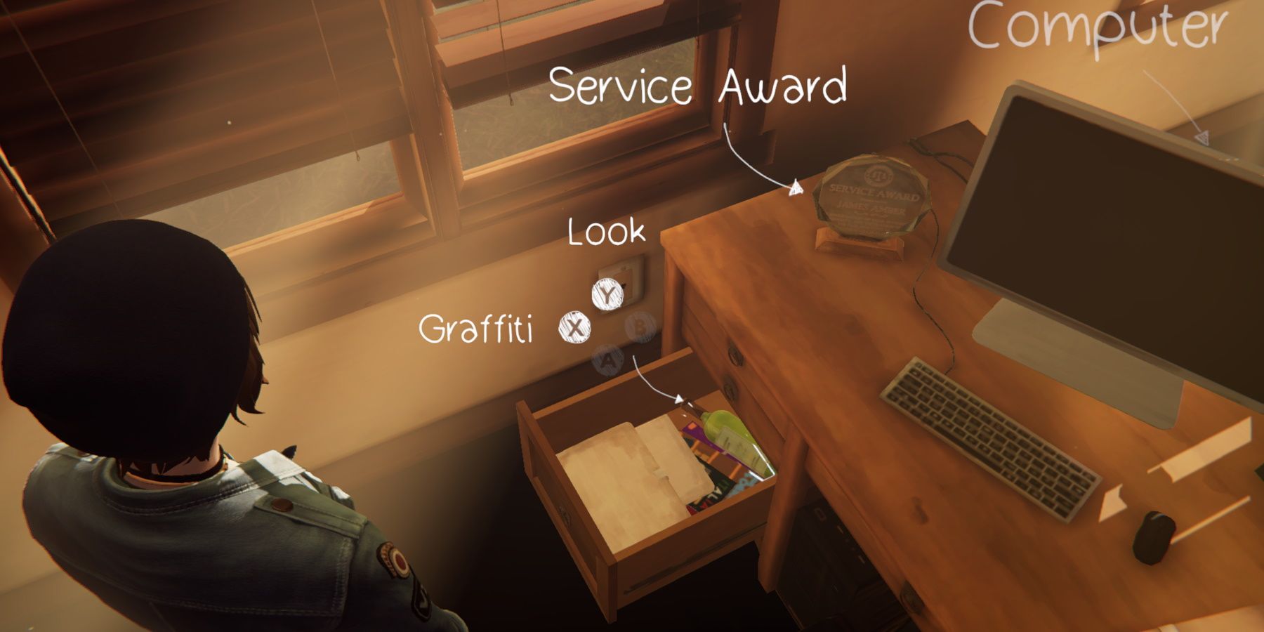 Chloe looking inside James Amber's desk drawer during Episode 3 of Life is Strange: Before the Storm