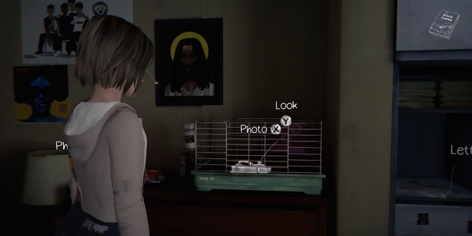 Max looking at a Rabbit in a cage in episode 2 of Life is Strange
