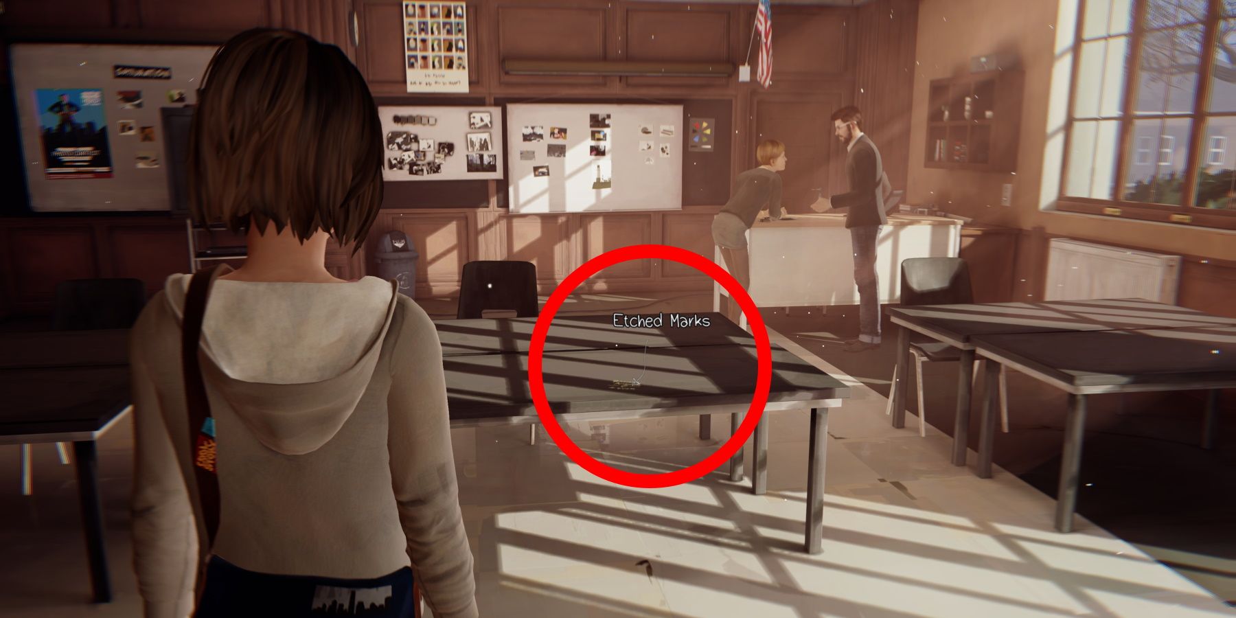 Blackwell Academy classroom with photo opportunity in Episode 1 circled in red