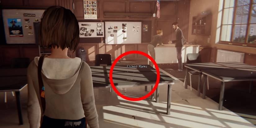 Blackwell Academy classroom with photo opportunity in Episode 1 circled in red