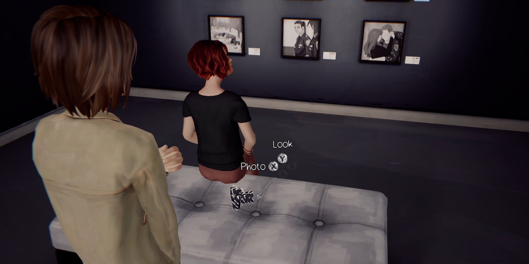 Max looking at woman looking at pictures at the art gallery during episode 5 of Life is Strange