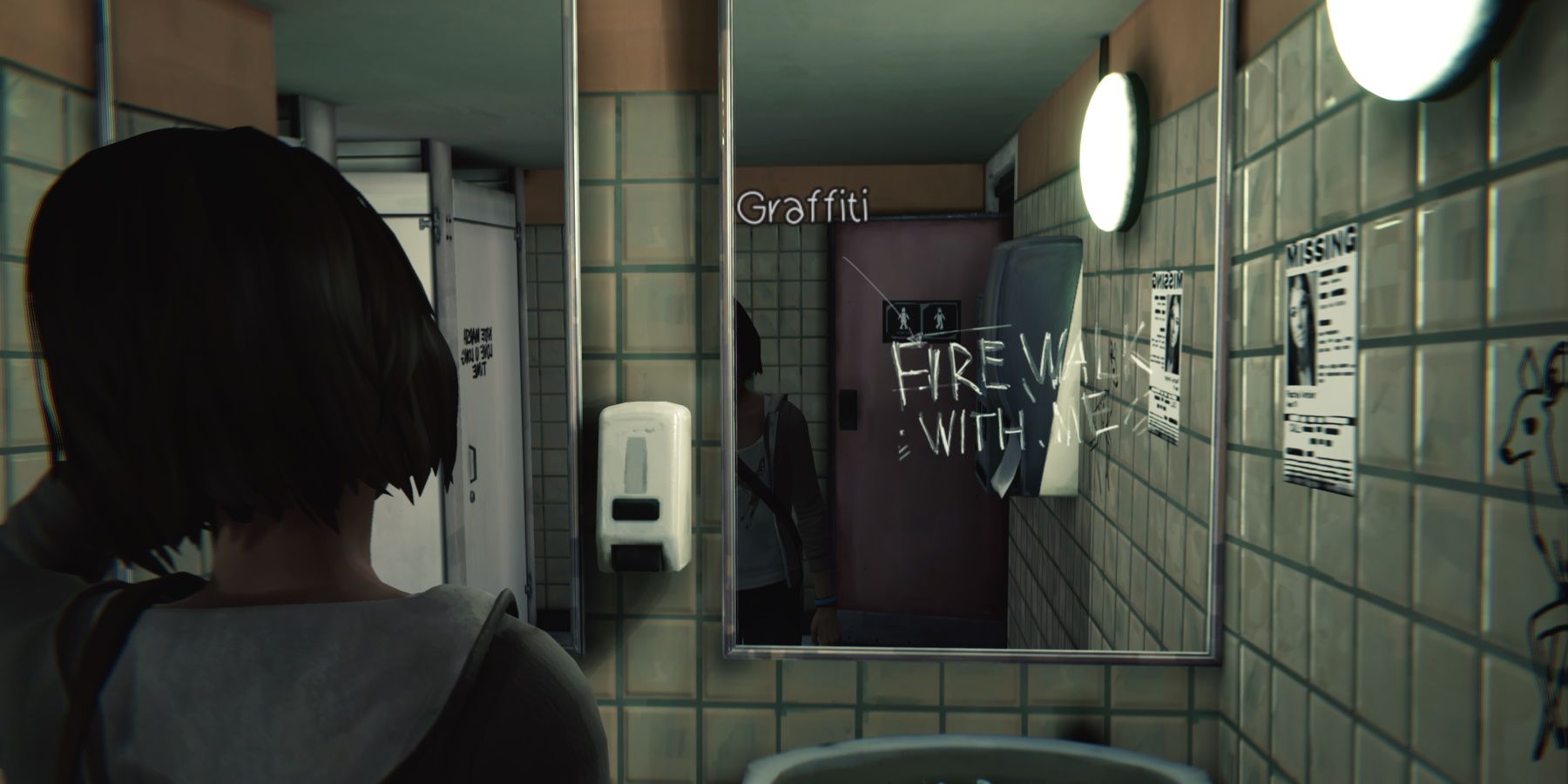 Max looking at Graffiti on a bathroom mirror in the two whales diner in episode 2 of life is strange