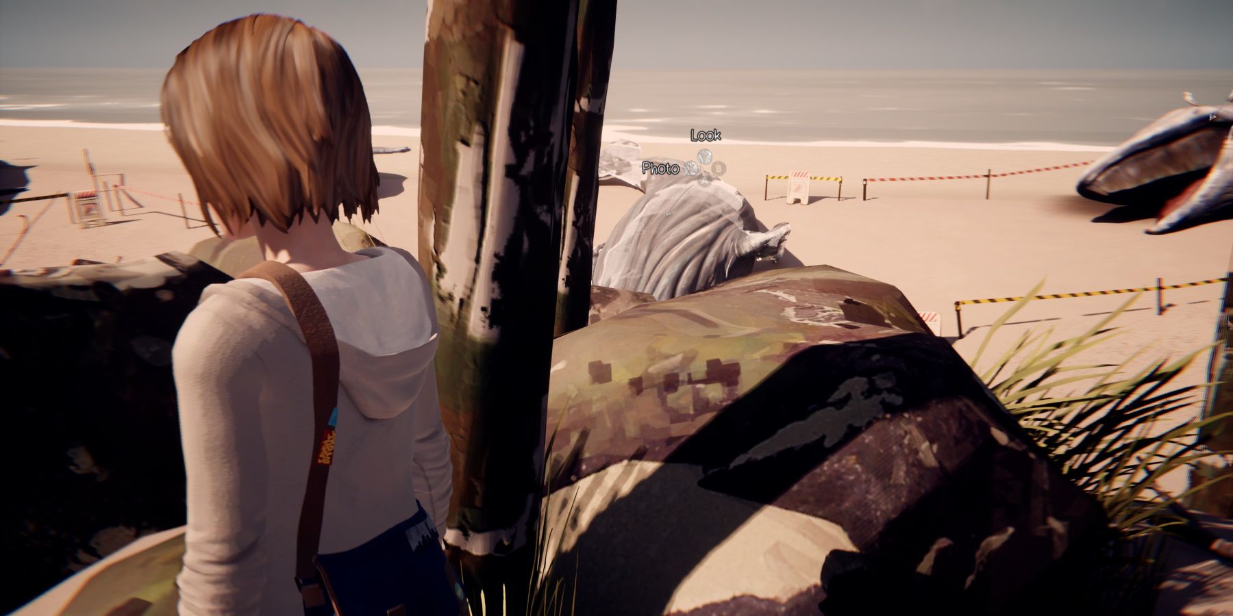Макс смотрит на выброшенного на берег кита на пляже Аркадия во время 4-го эпизода Life is Strange Remastered.
