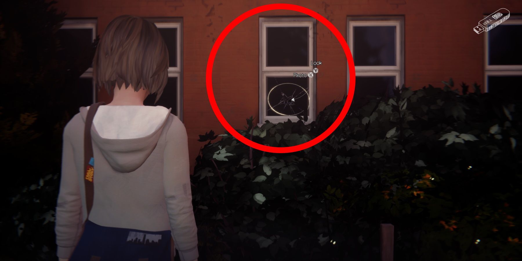 Cracked window outside girls' dormitory circled in Life is Strange