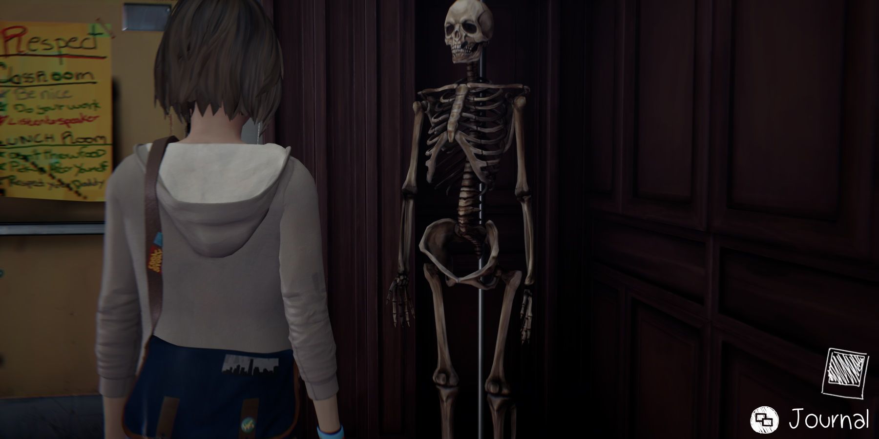 max looking at a skeleton in the school hallways during episode 5 of Life is Strange Remastered