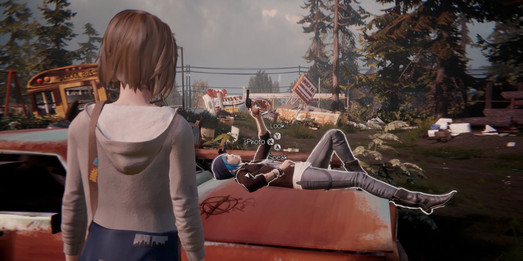 Max looking at Chloe sitting on a car and playing with a gun in episode 2 of life is strange