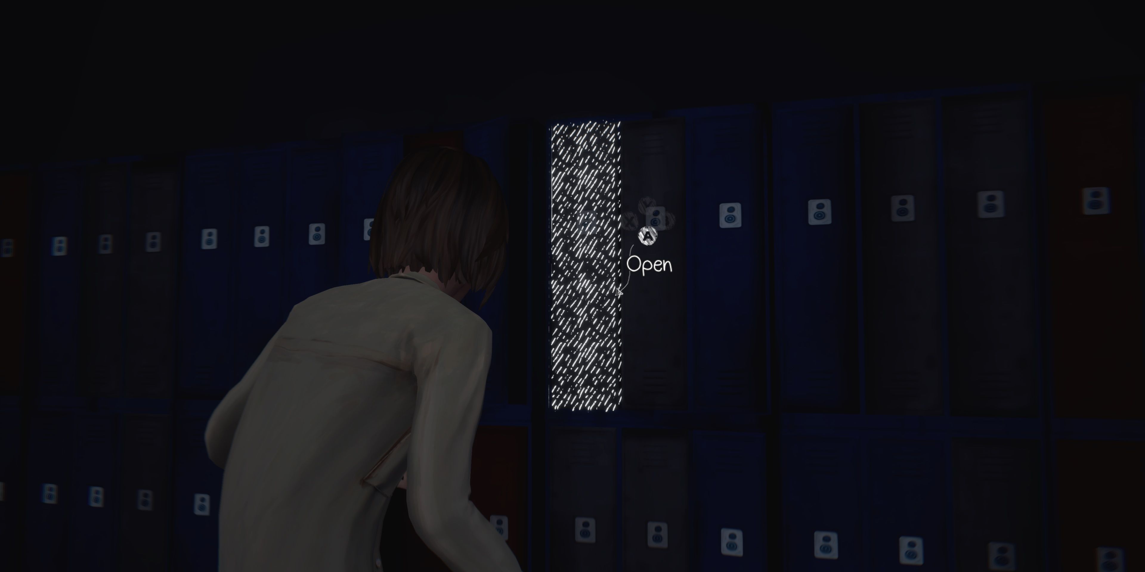 Max looking at Warren's locker during a nightmare sequence in episode 5 of Life is Strange Remastered