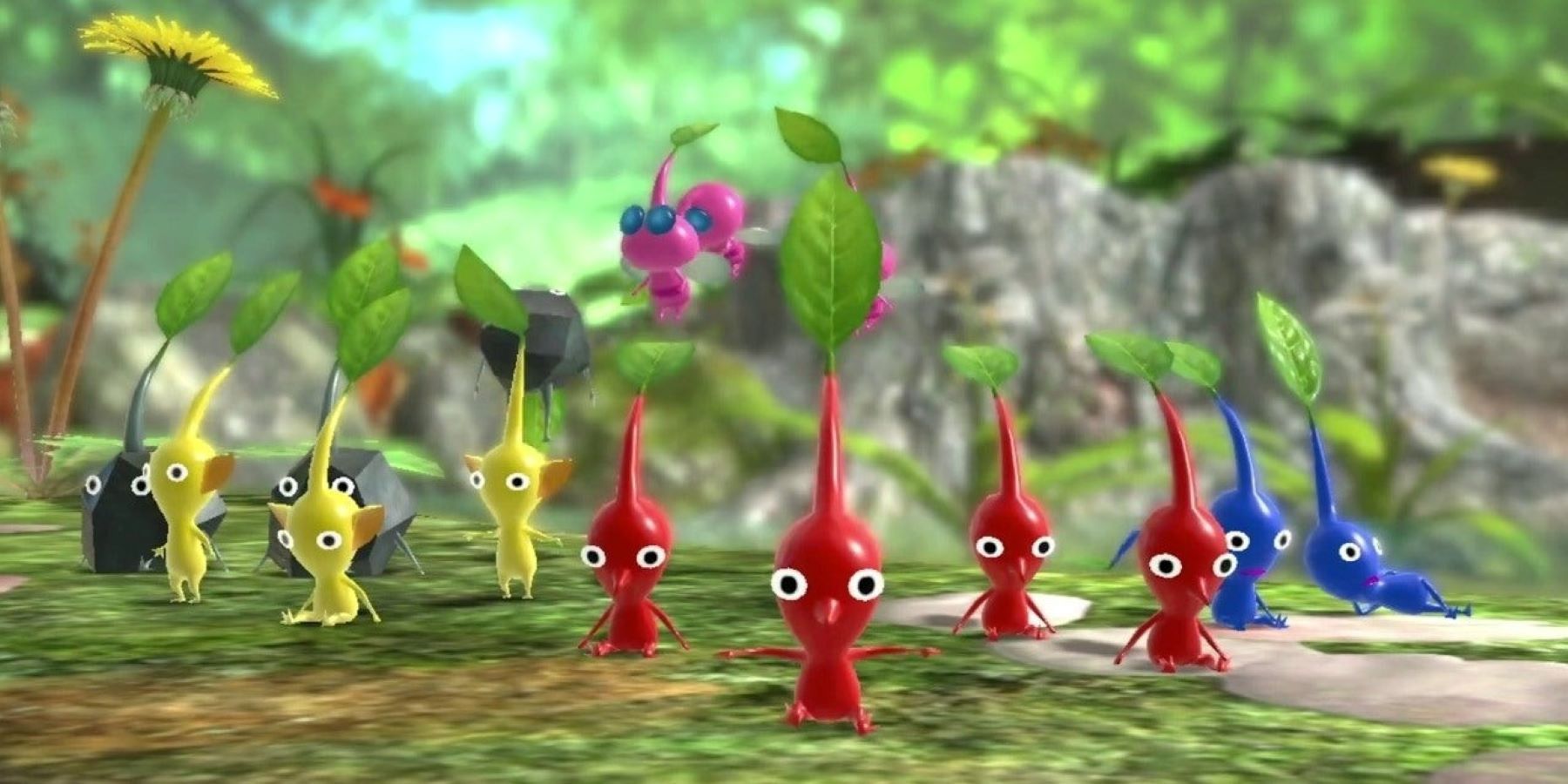 A group of Red, Blue, Yellow, Rock, and Flying Pikmin in Pikmin 3 Deluxe