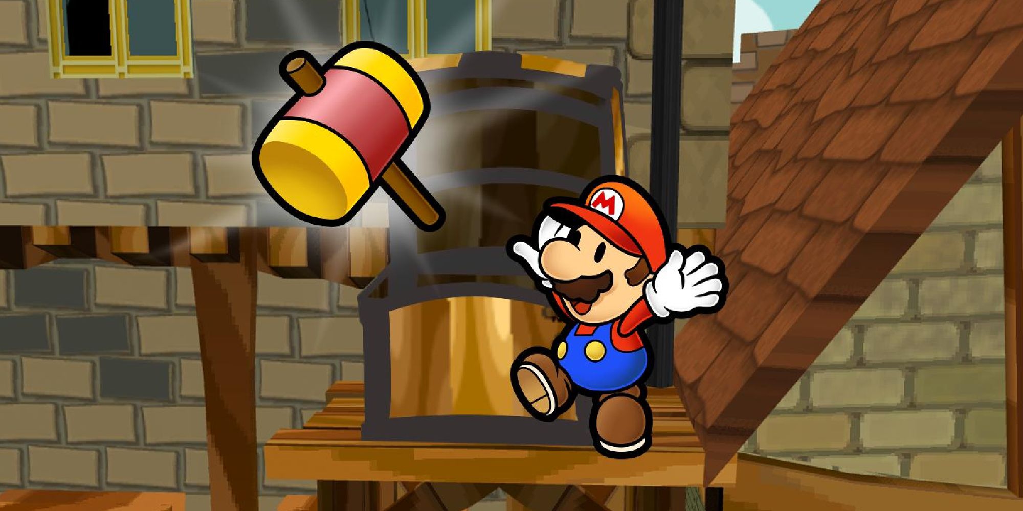 Paper Mario receiving a Hammer from a treasure chest in The Thousand Year Door