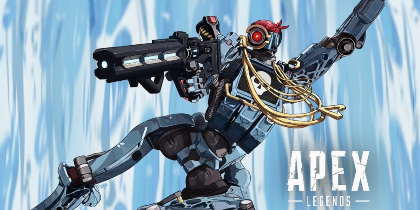 Pathfinder wearing a pirates bandana and gold chain and carrying the Havoc rifle, from Apex Legends