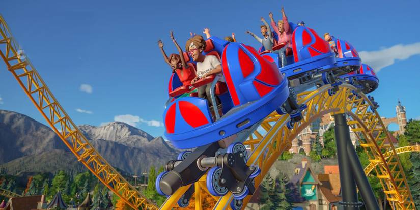 People having fun in a roller coaster in Planet Coaster