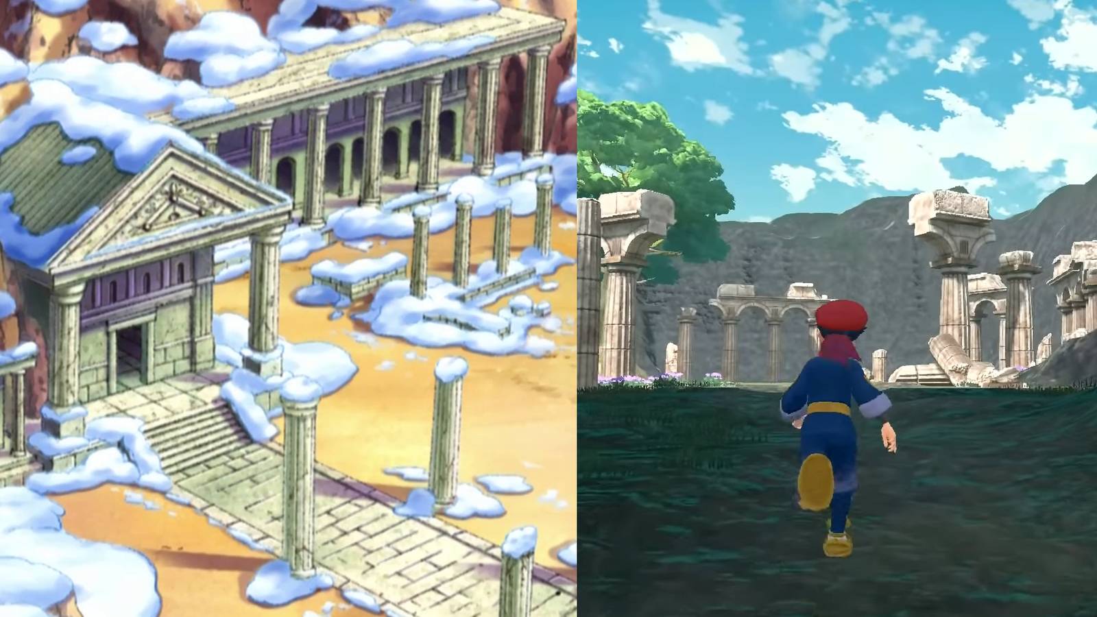 Snowpoint Temple in the Pokemon anime; a player coming across a temple ruins in Pokemon Legends Arceus