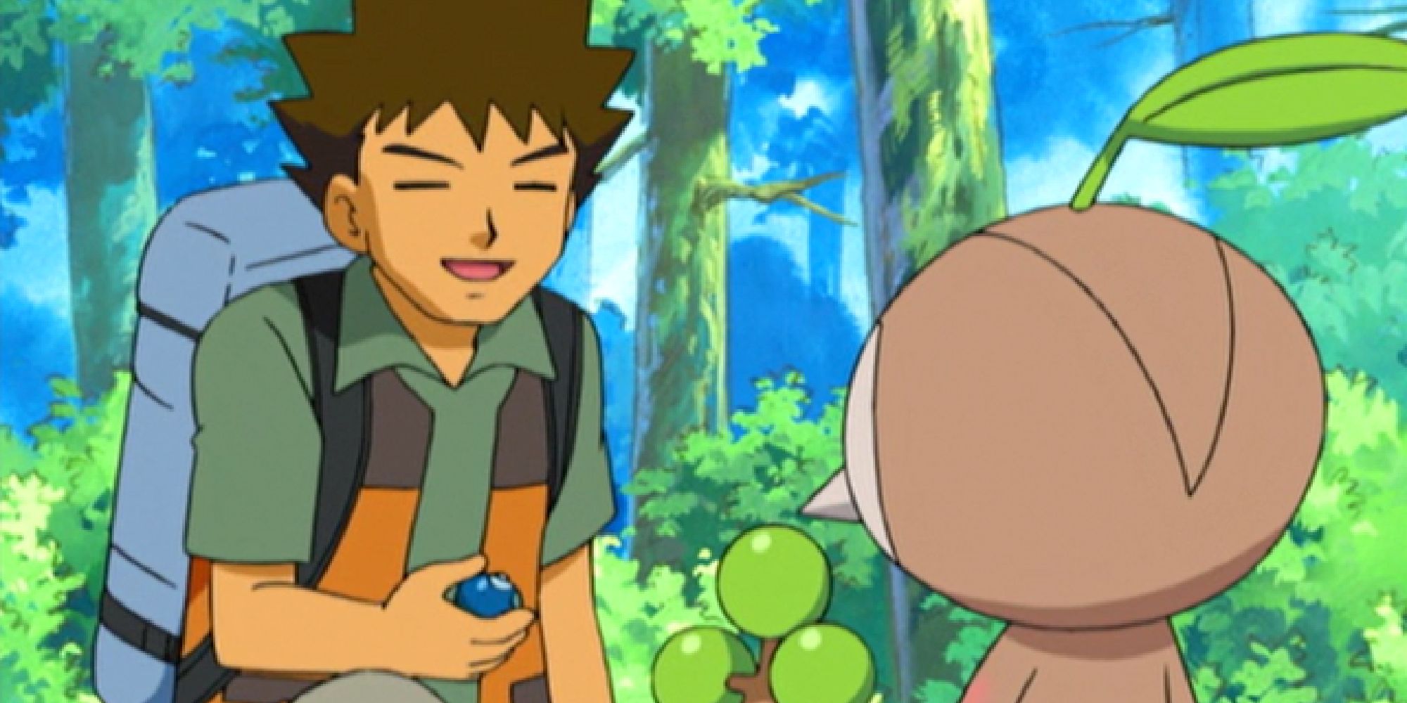 Brock giving a berry to a wild Nuzleaf