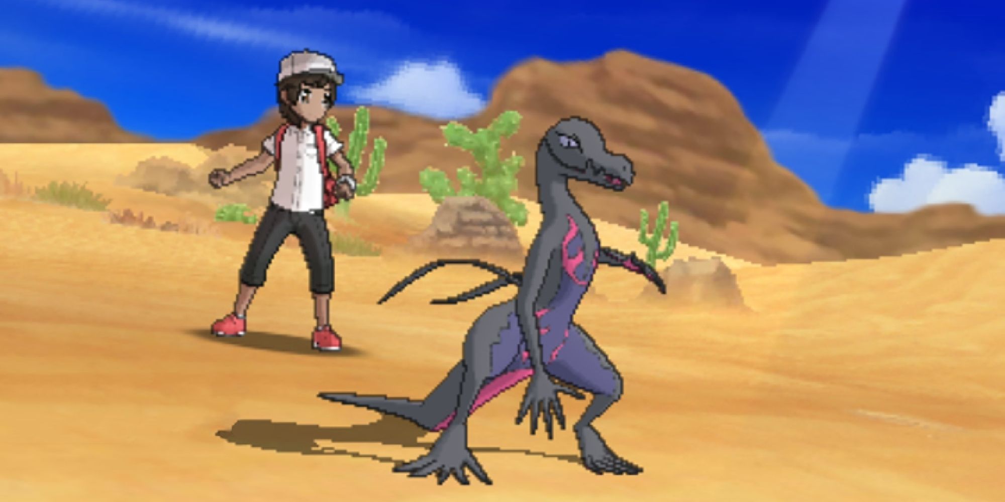 A Pokemon battle in the desert with Salazzle in Sun & Moon