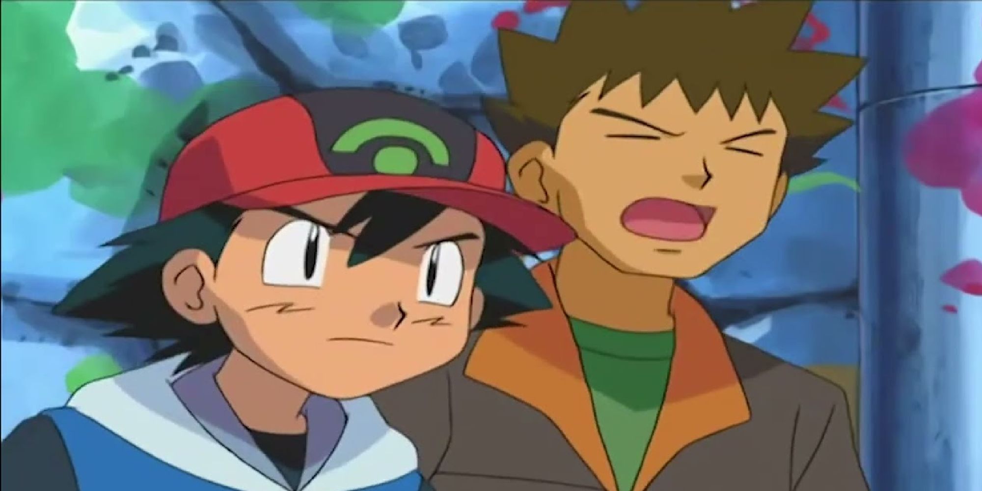 Ash and Brock standing in the redesigned Pewter City Gym