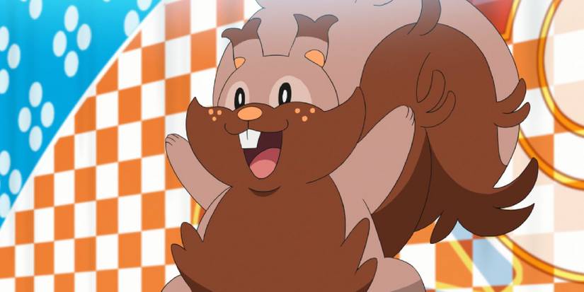 A Greedent smiling as it wins a tournament in the anime