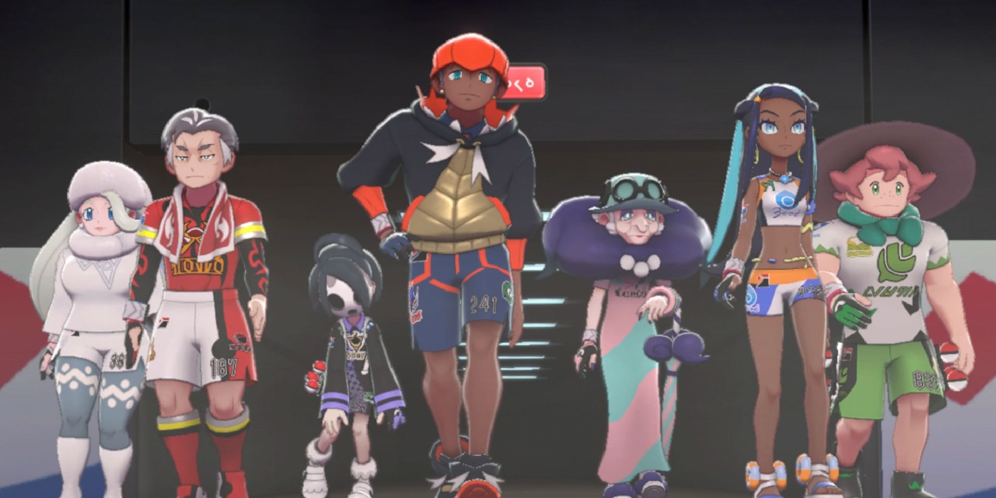 An in-game lineup of the Gym Leaders from Pokemon Sword & Shield