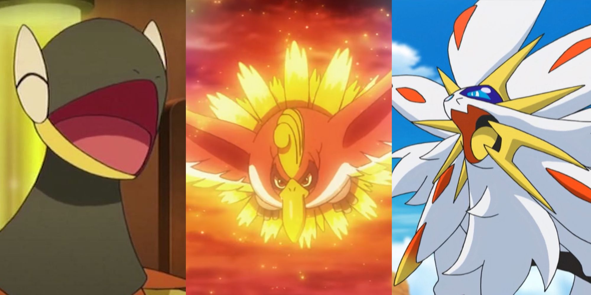 Heliolisk smiling in the anime; Ho-Oh flying at dusk in the anime; Solgaleo roaring in the anime