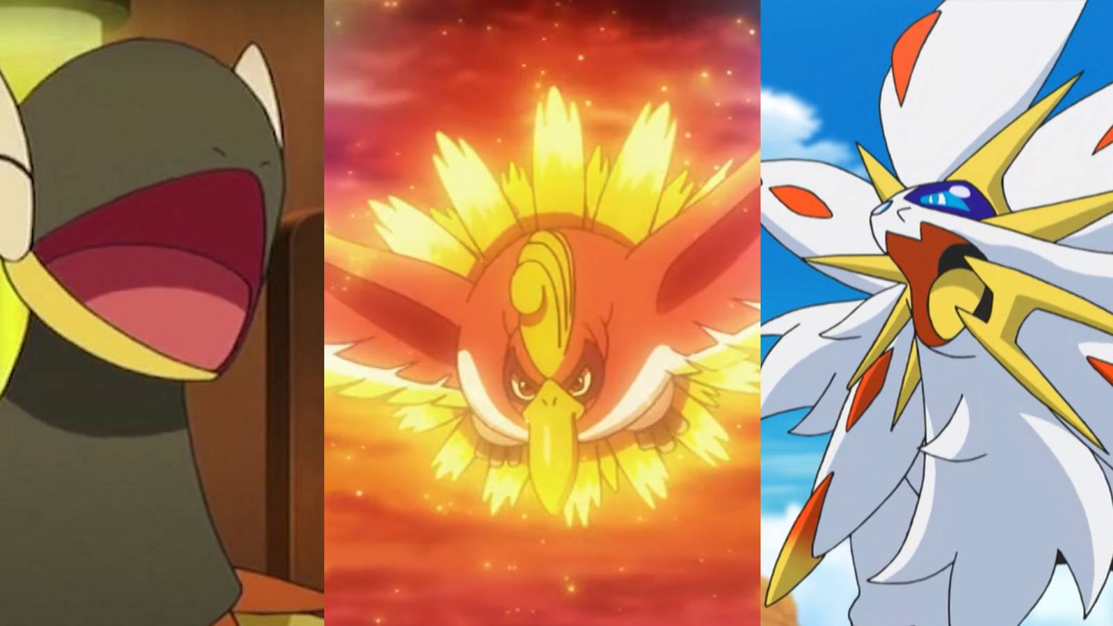 Heliolisk smiling in the anime; Ho-Oh flying at dusk in the anime; Solgaleo roaring in the anime