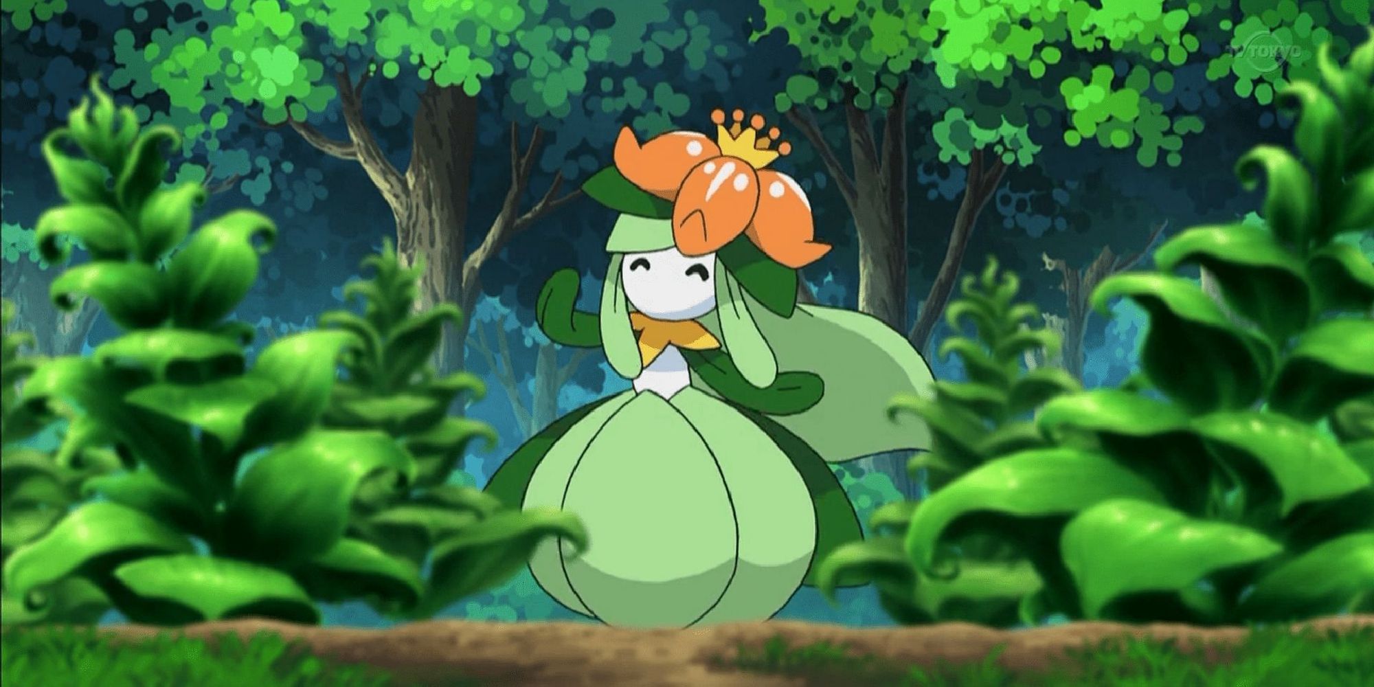 Lilligant dancing in a forest in the anime