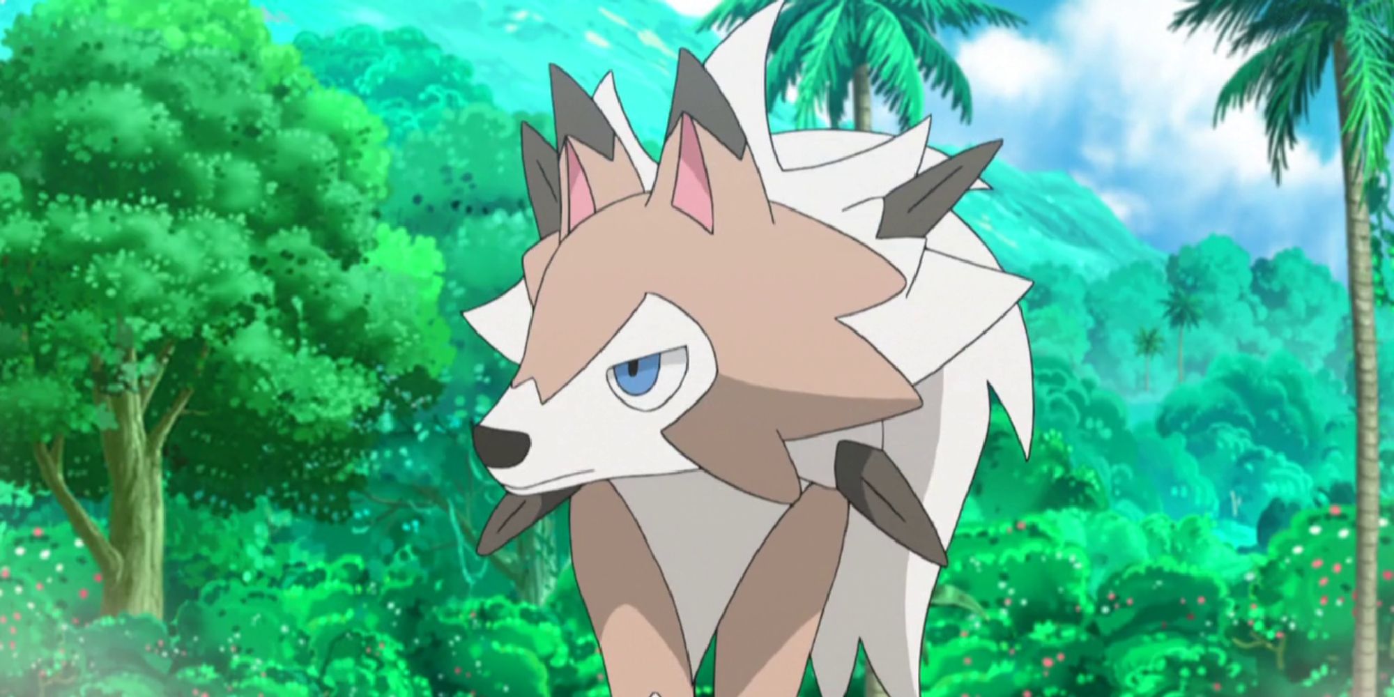 Lycanroc Midday form walking through the woods
