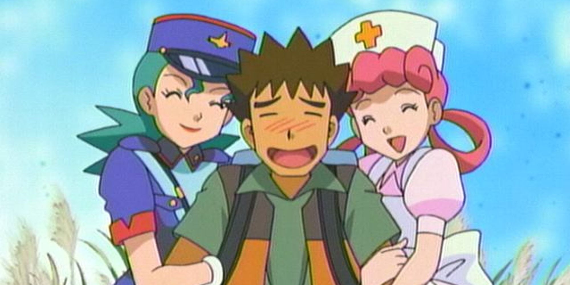 Brock surrounded by an affectionate Nurse Joy and Officer Jenny