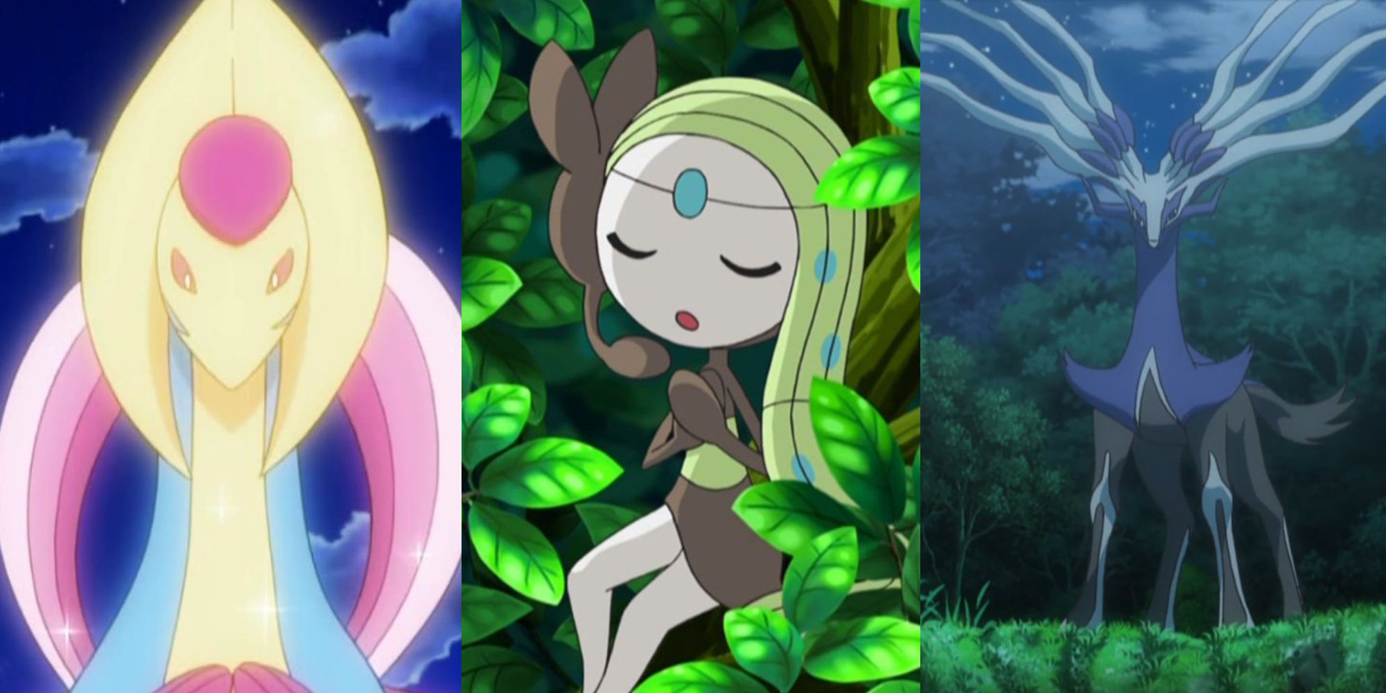 Cresselia in the anime; a singing Meloetta in the anime; an inactive Xerneas in the anime