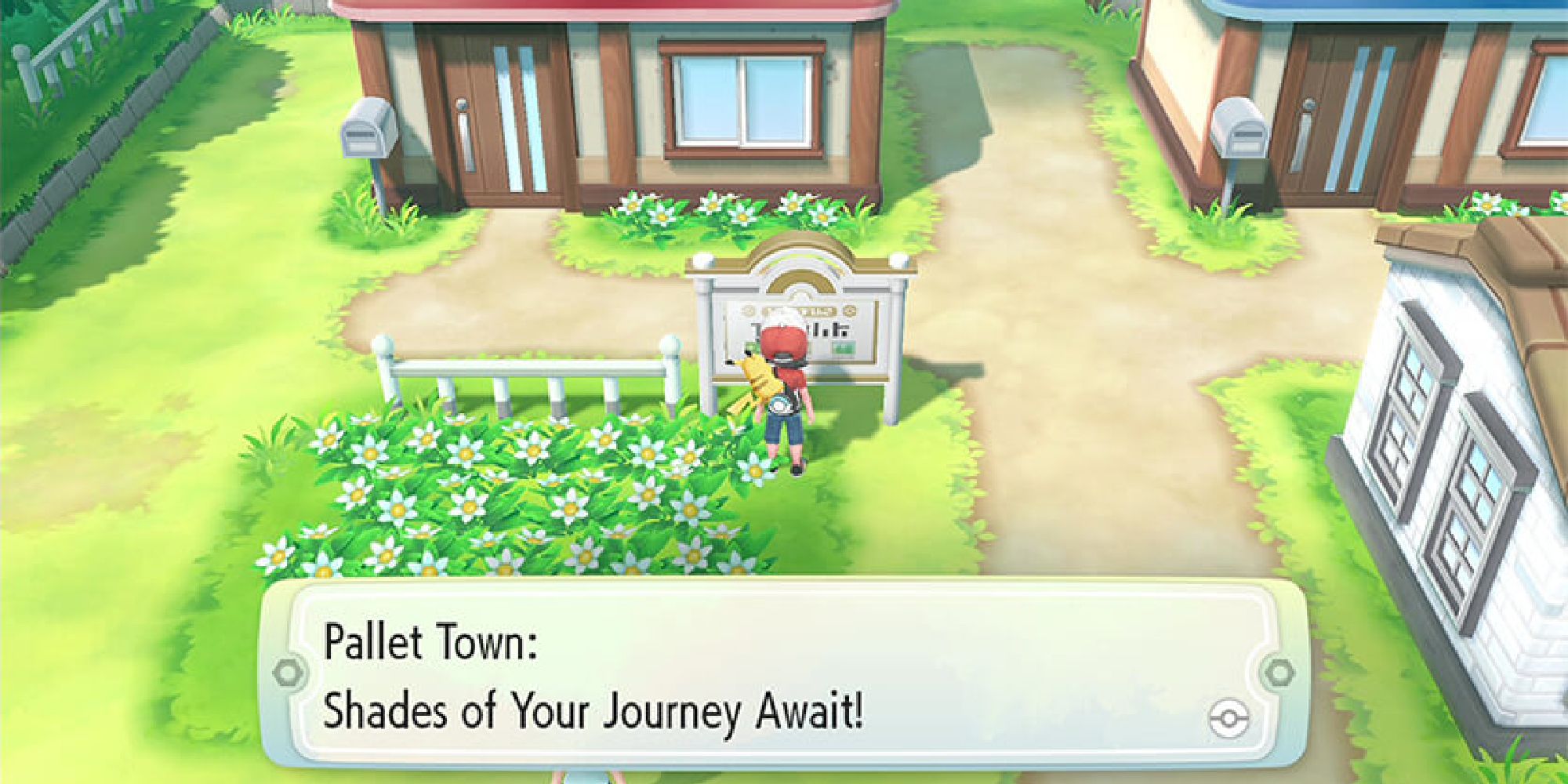 Uma placa em Pallet Town de Pokémon Let's Go Pikachu e Eevee