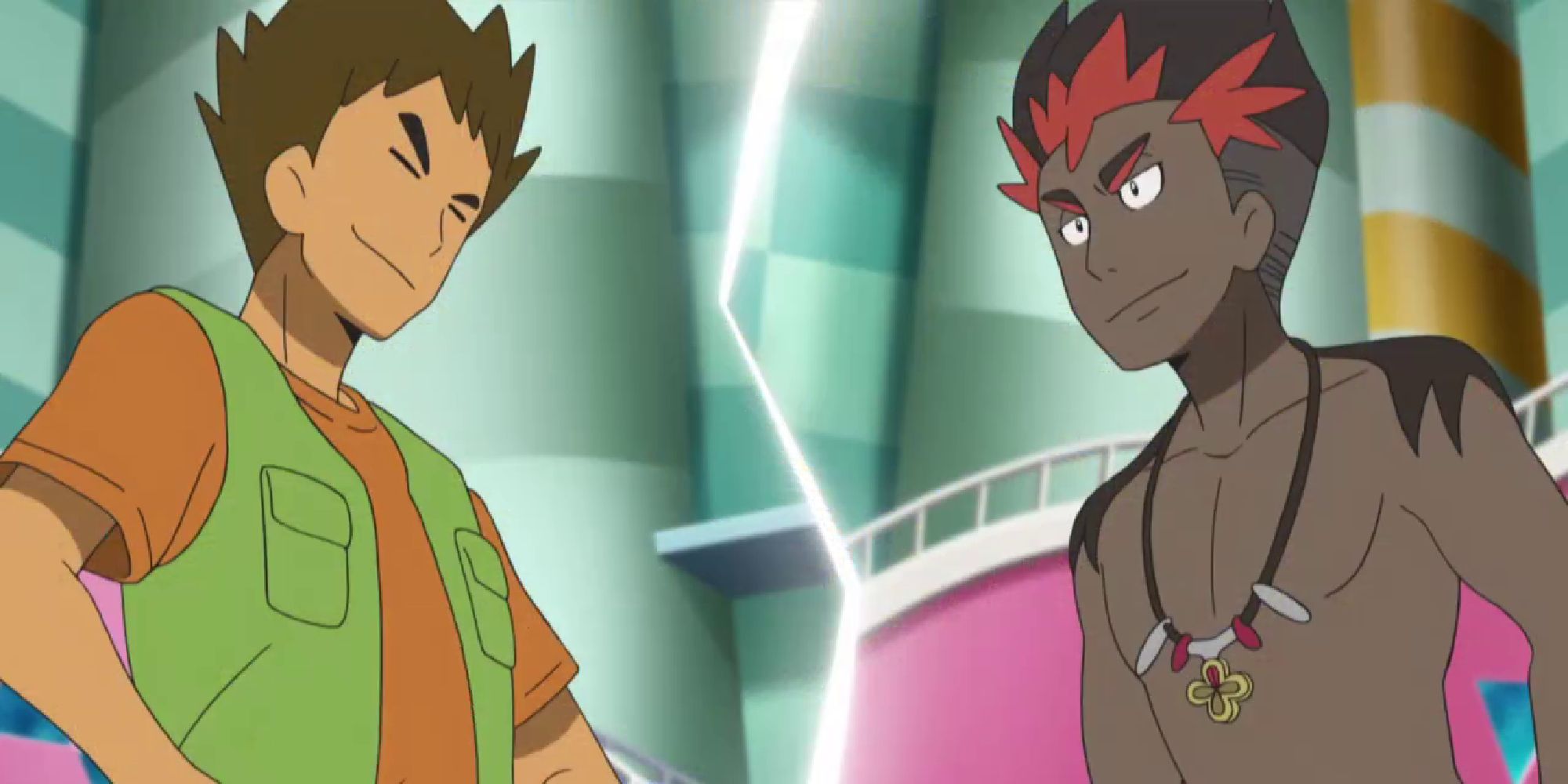 Brock facing off against Kiawe in a battle