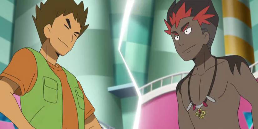 Brock facing off against Kiawe in a battle