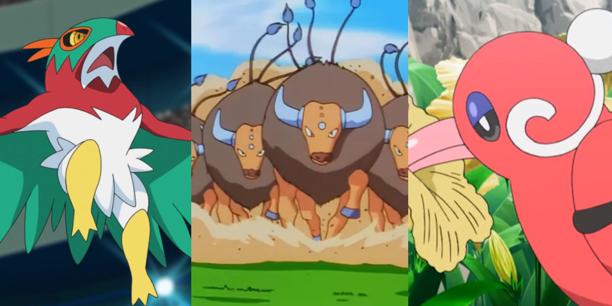 Hawlucha attacking in mid-air; A horde of Tauros charging; Baile Style Oricorio sniffing a flower