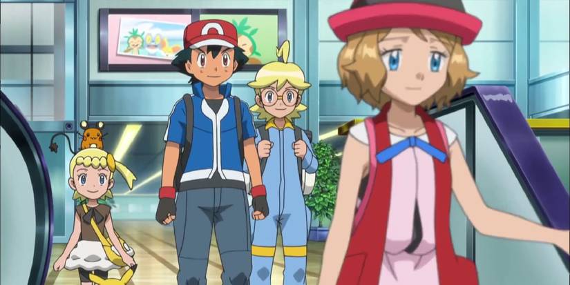 Serena sadly walking away from Ash, Clemont, Bonnie, Dedenne, and Pikachu