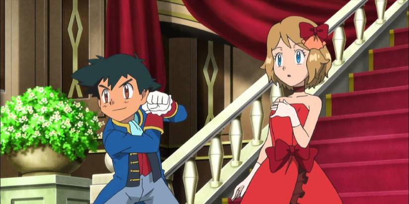 A dressed up Ash and Serena preparing for their Tag Team Battle